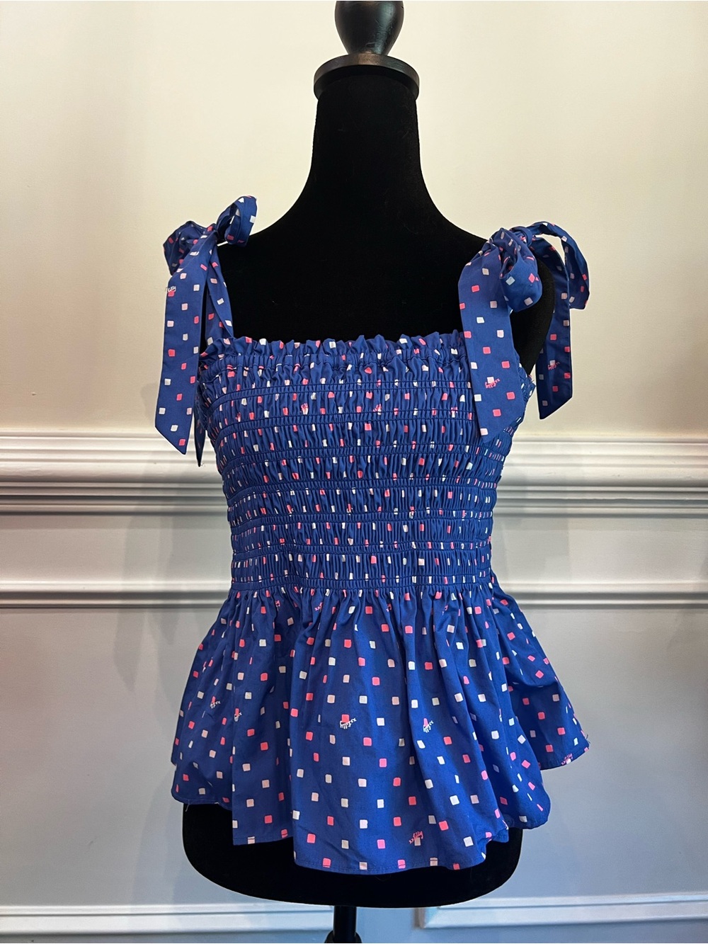 Lilly Pulitzer Blue Smocked Tie-Shoulder Peplum Top - Picture 2 of 5